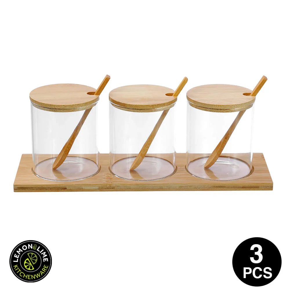 Lemon & Lime 380ML CAMDEN GLASS SPICE JAR 3PC SET BAMBOO TRAY WITH SPOONS