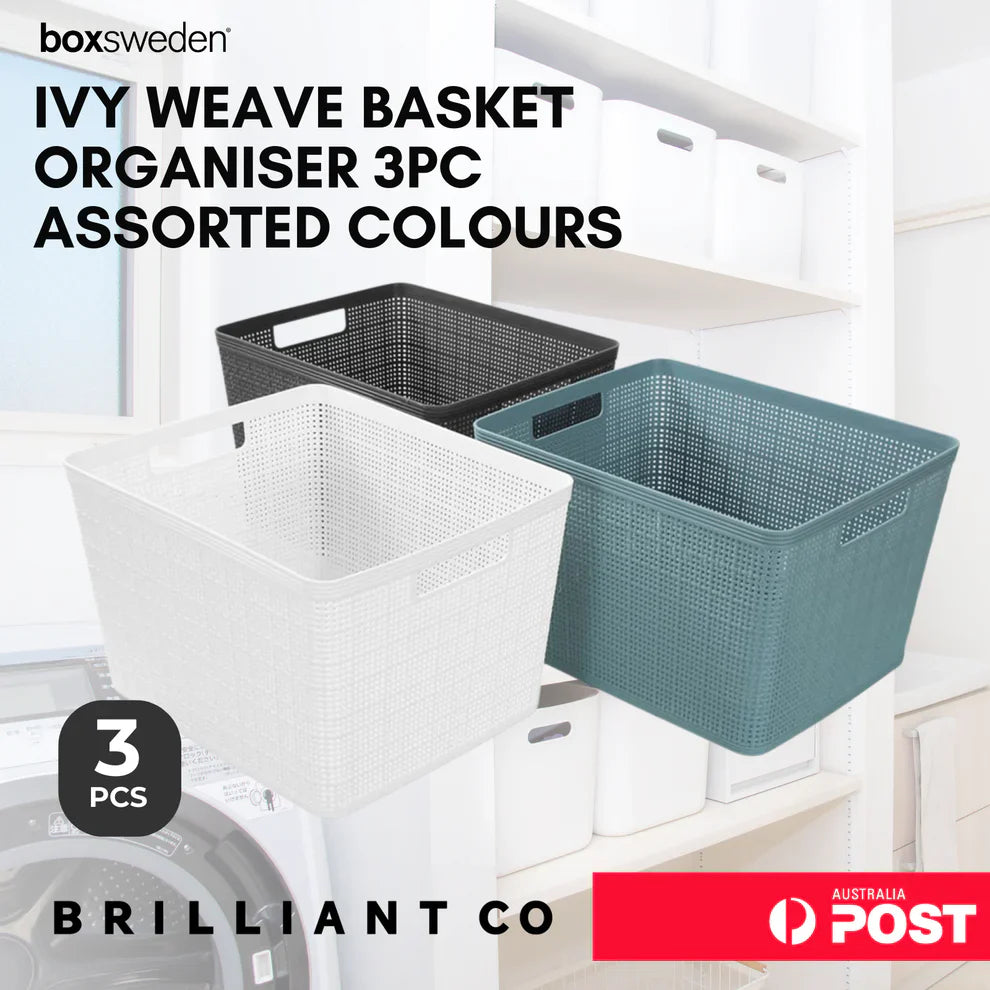 Boxsweden IVY WEAVE BASKET /STORAGE ORGANISER 3PC ASSORTED COLOUR