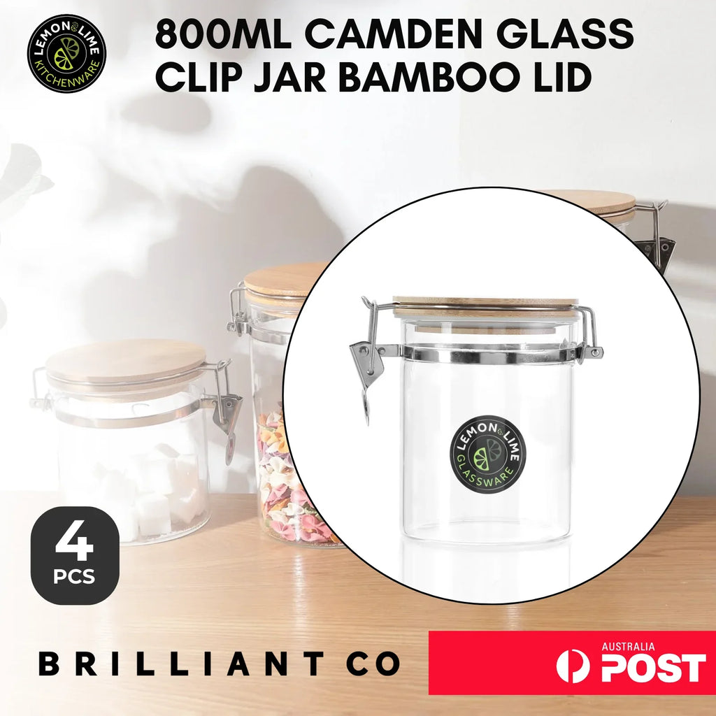 Lemon & Lime 800ML CAMDEN GLASS CLIP JAR BAMBOO LID 4PCS