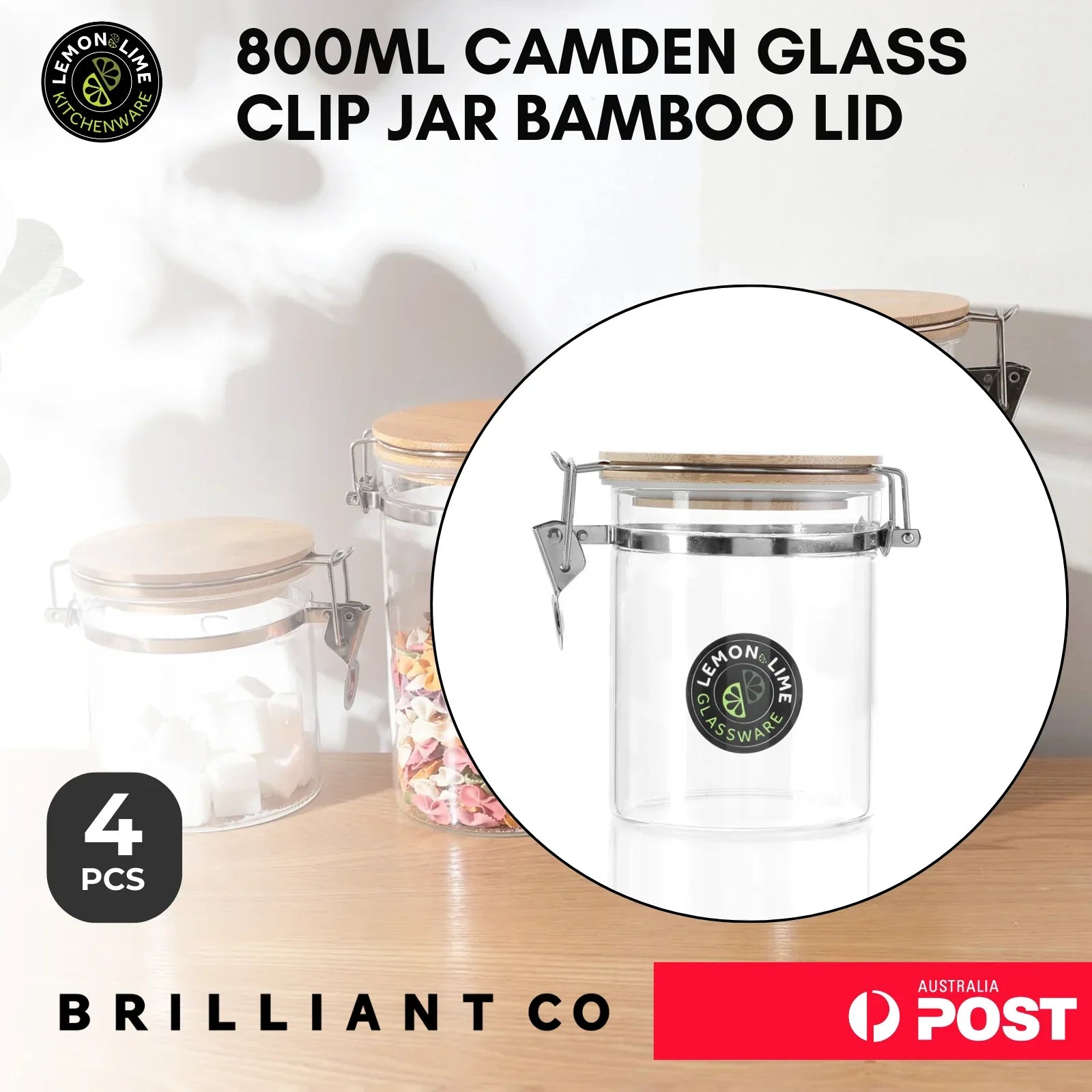 Lemon & Lime 800ML CAMDEN GLASS CLIP JAR BAMBOO LID 4PCS