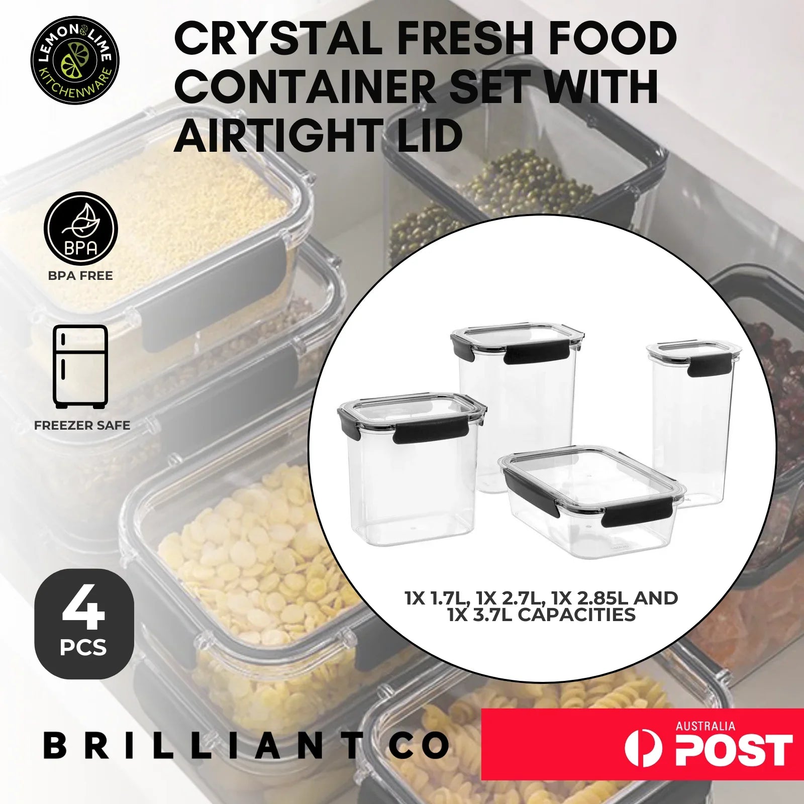 Lemon & Lime 4PC CRYSTAL FRESH FOOD CONTAINER SET WITH AIRTIGHT LID