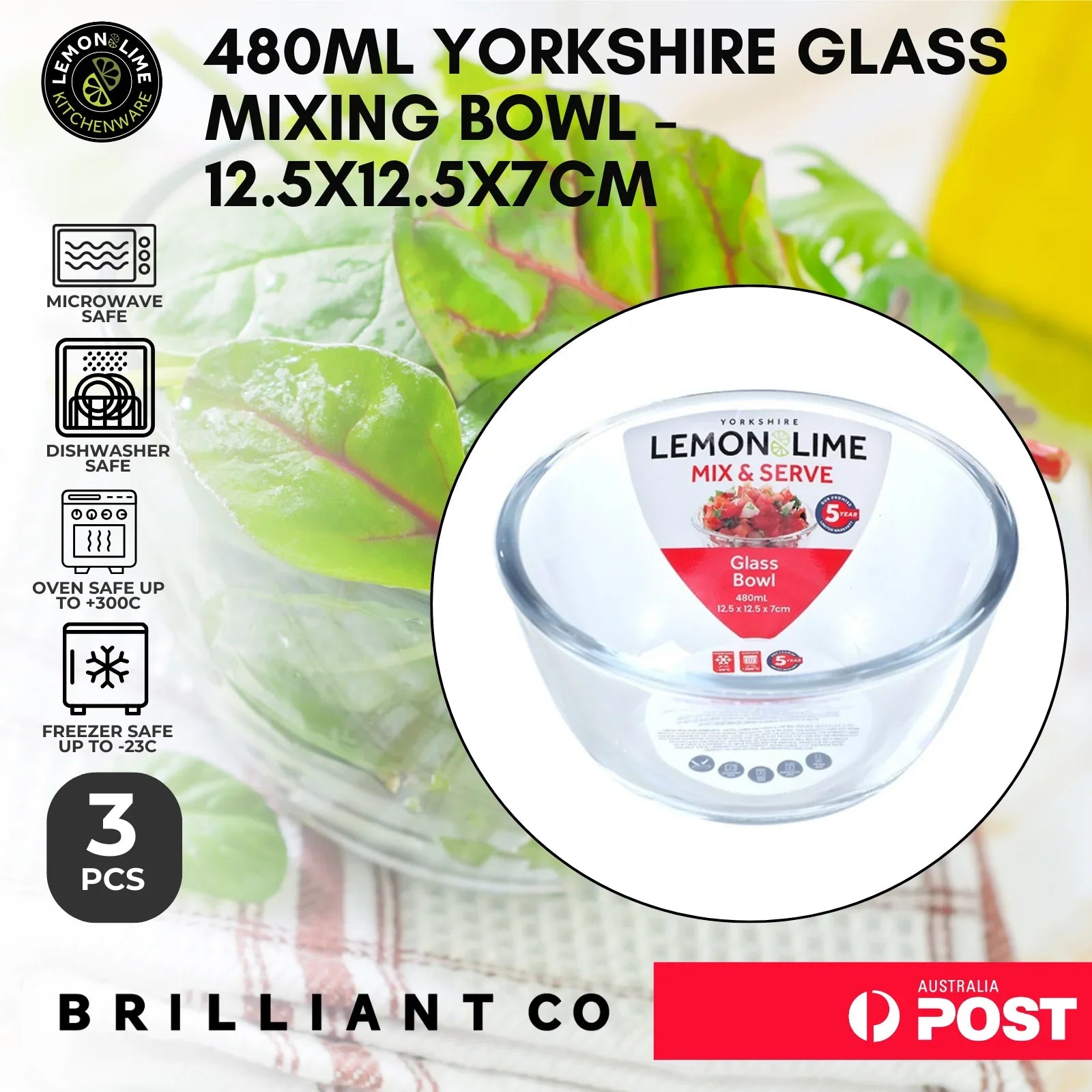 Lemon & Lime 480ML YORKSHIRE GLASS MIXING BOWL - 12.5X12.5X7CM