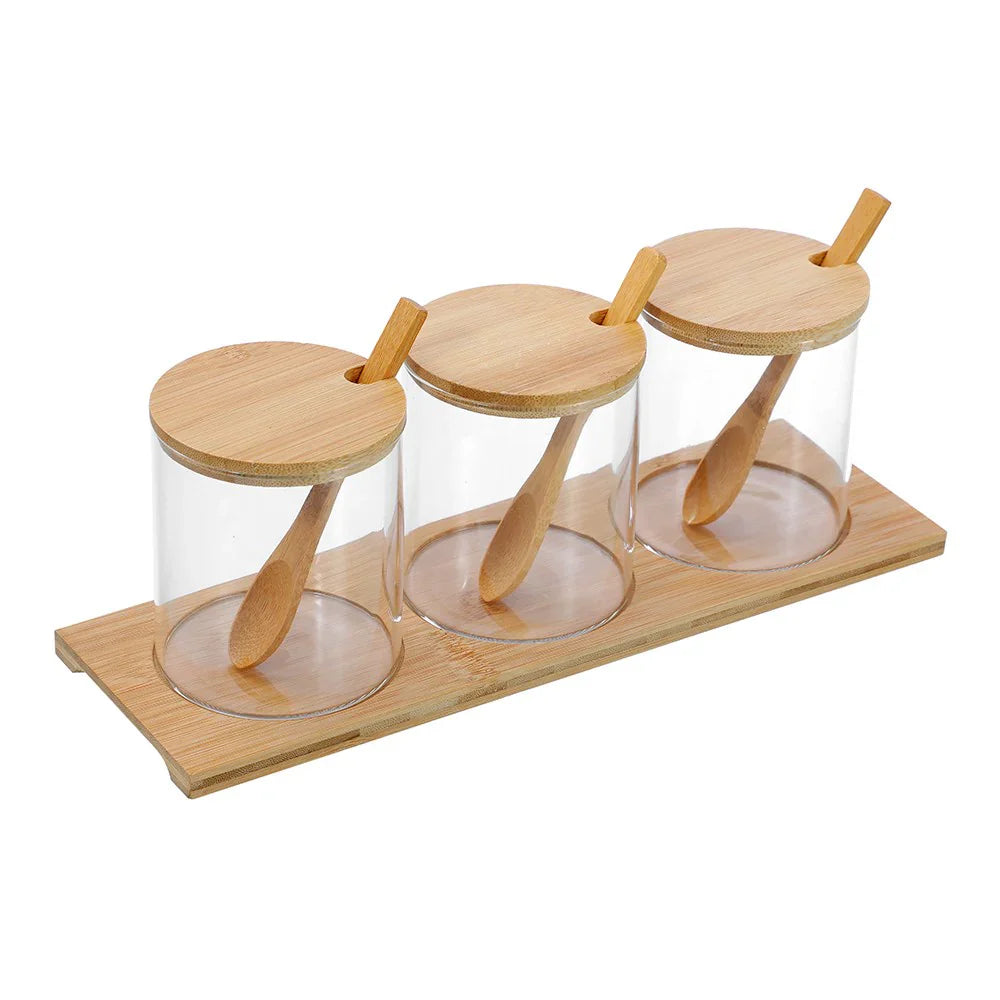 Lemon & Lime 380ML CAMDEN GLASS SPICE JAR 3PC SET BAMBOO TRAY WITH SPOONS