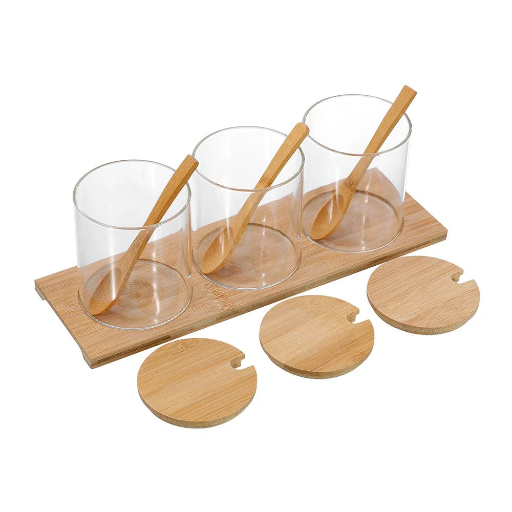 Lemon & Lime 380ML CAMDEN GLASS SPICE JAR 3PC SET BAMBOO TRAY WITH SPOONS