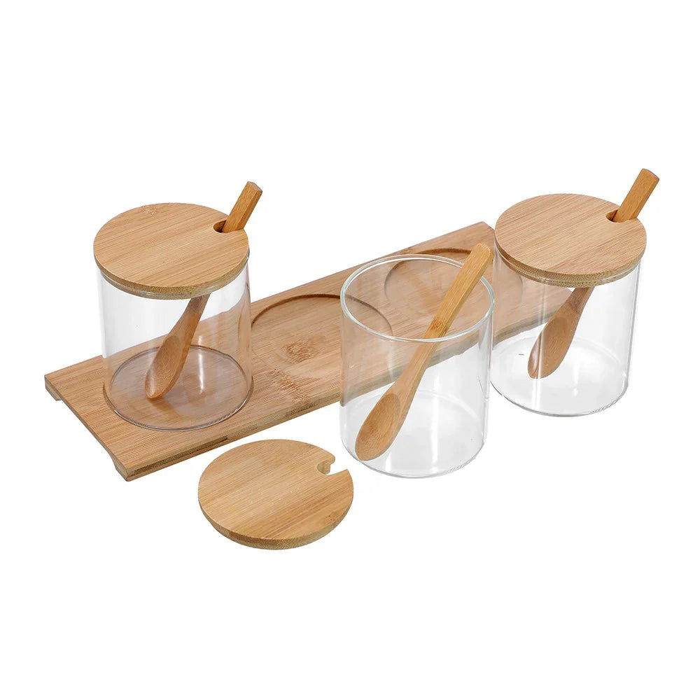 Lemon & Lime 380ML CAMDEN GLASS SPICE JAR 3PC SET BAMBOO TRAY WITH SPOONS